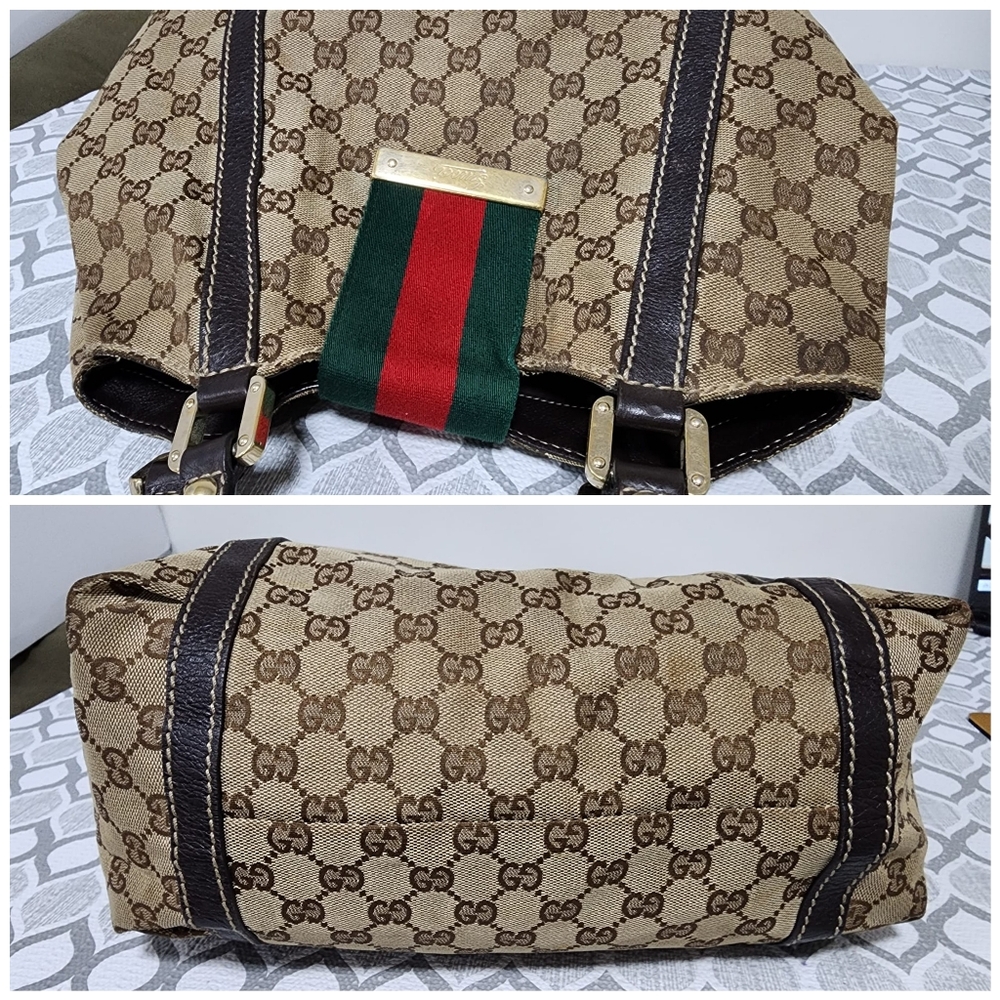 Gucci Beige GG Canvas Tote with Brown Trim and Green-Red Web - Picture 8 of 14